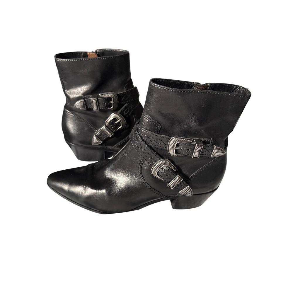 FRYE Black Leather Western Buckle‎ Ankle Boots Womens Pointed Toe Block Heel